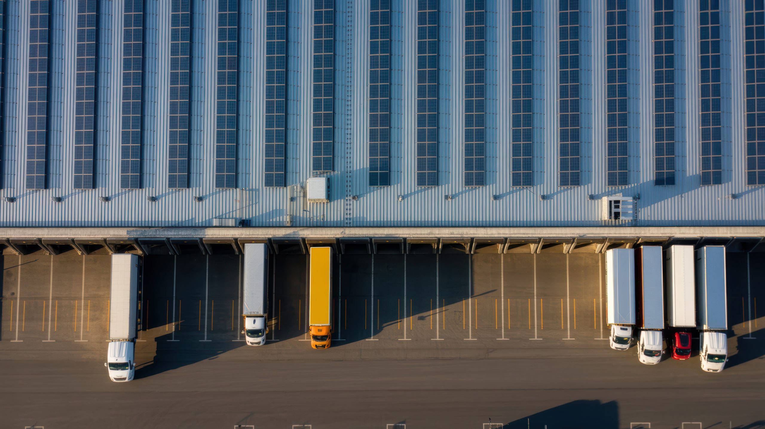 Vue aérienne d’un entrepôt avec quais et camions.