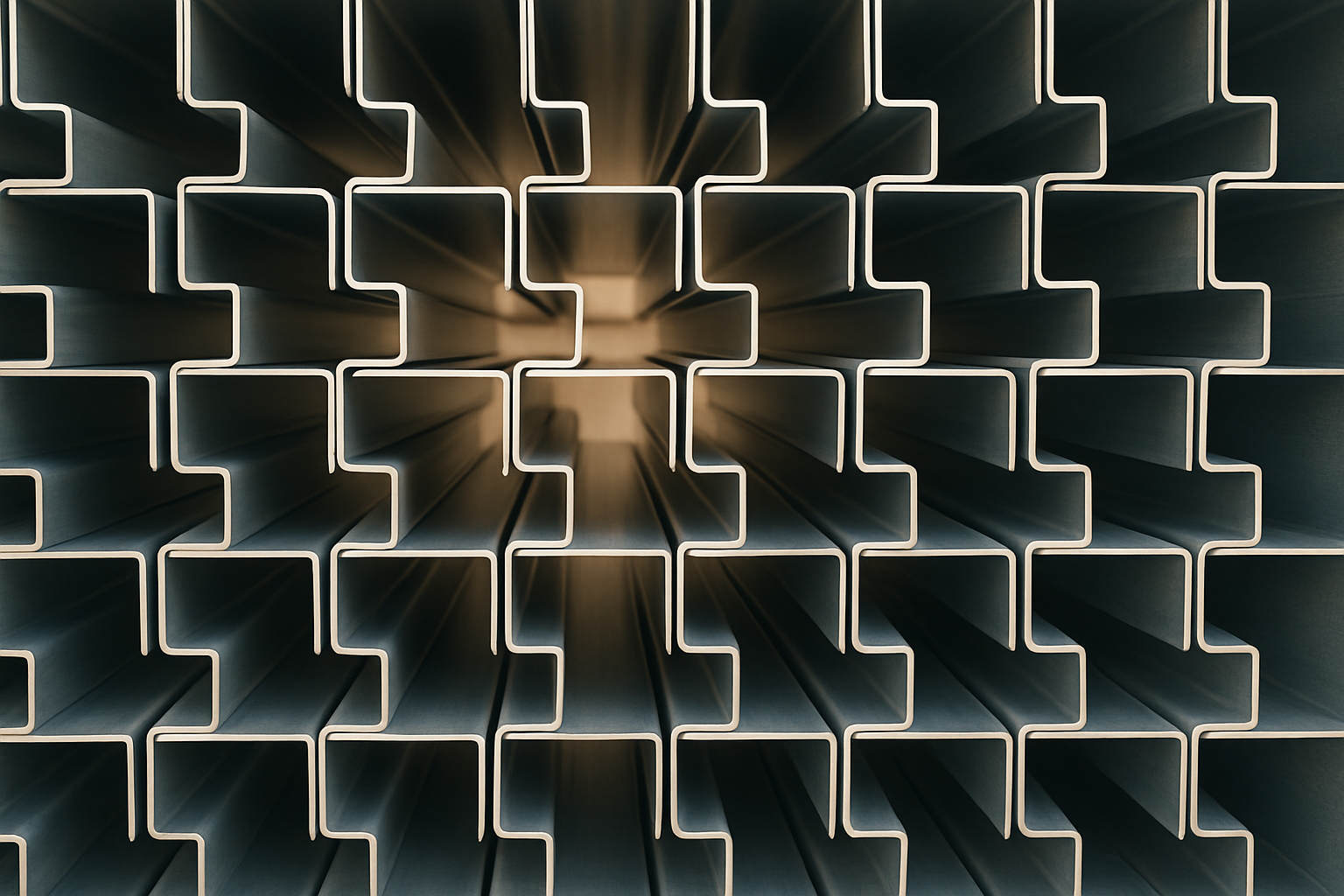 Tubes métalliques carrés empilés en grille.